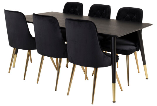 Venture Home Dipp Spisegruppe 180 cm Rektangulær med 6 Velvet Stoler Sort/Guld