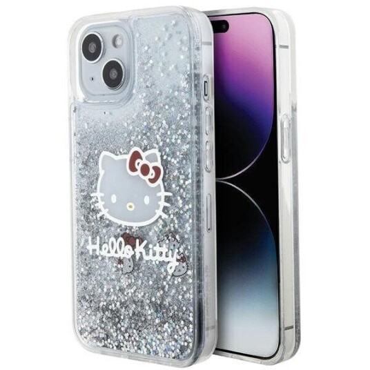 Hello Kitty iPhone 15 Hardcase med Liquid Glitter Charms Sølv