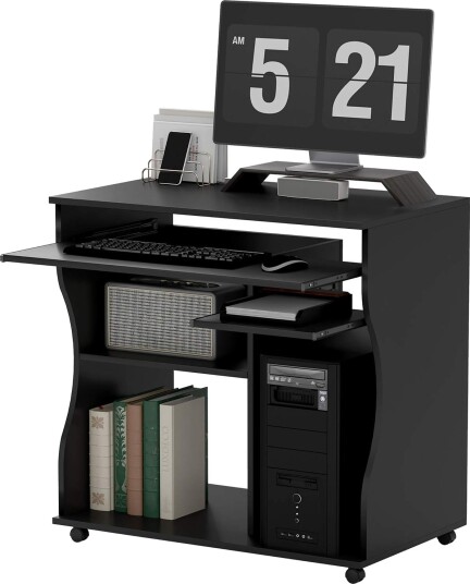 Databord skrivebord med hjul Kontorbord med tastaturhylle? Hylle PC bord sort 80 x 48 x 75 cm Aosom