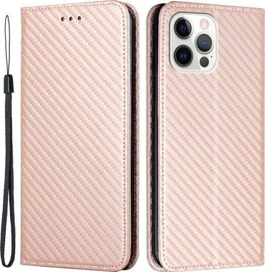 Trolsk Lommebokdeksel Kulfibermønster med Stativfunksjon (iPhone 14 Pro) Roségull