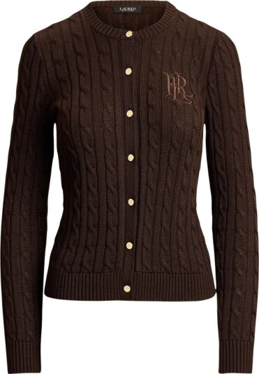 Lauren Ralph Lauren Cable Knit Cotton Blend Cardigan CIRCUIT BROWN L