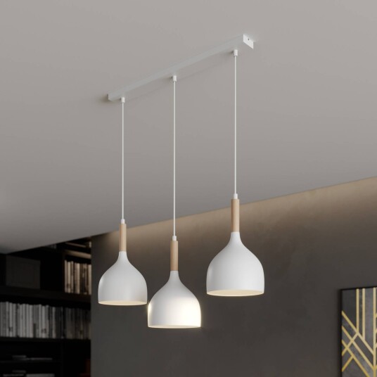 Luminex Noak hengelampe hvit/naturlig tre 3 lyskilder lang