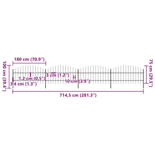 vidaXL Hagegjerde med spydtopp stål 0,75 1x6,8 m svart