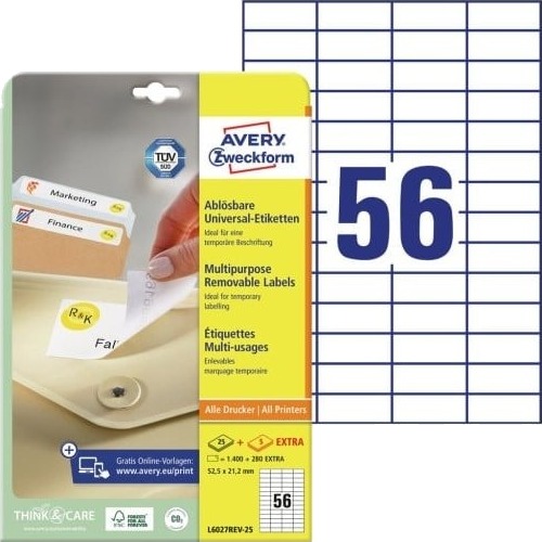 Avery L6027rev 25 Hvitt Rektangulært Flyttbart A4 Universalpapir