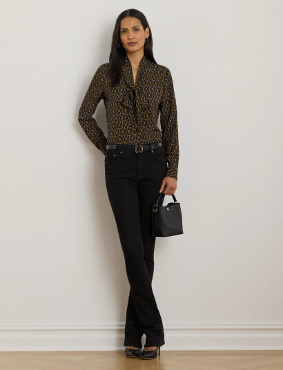 Lauren Ralph Lauren Chain-Print Crepe Tie-Neck Blouse - Black - XS