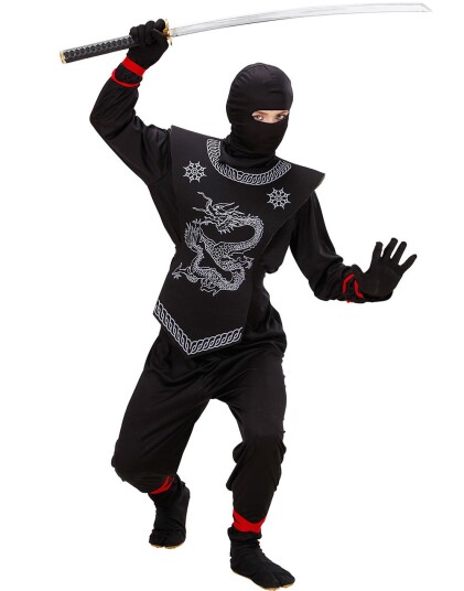 Svart Ninjakostyme til Barn med Dragemotiv Strl 8 10 ÅR