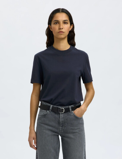 Selected Slfrelax Colwoman Ss Mock Neck Tee Noos Navy XS