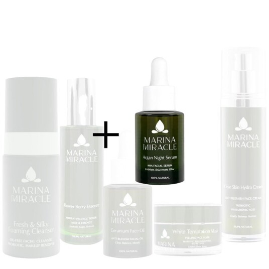 Marina Miracle Stor hudpleiepakke For fet / akne hud Argan Night Serum 30ml / Fresh & Silky Foaming Cleanser 100ml