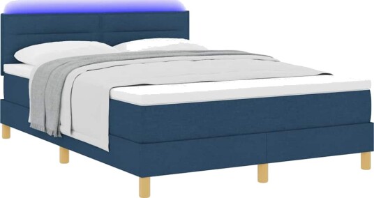 Bokspring Seng med Madrass & LED Blå 160x200 cm Stoff
