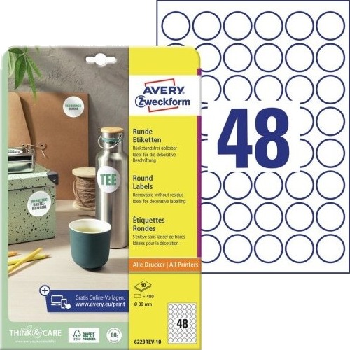 Etiketter Avery Ø30 Mm Hvid 10 Ark X 48 Stk.