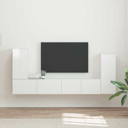 TV benksett 4 pcs Høyglanset hvit Konstruert tre