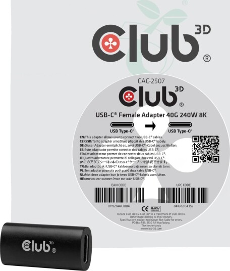 Club 3D Adapter USB-C > USB-C 40Gbps       240W 8K@60Hz Bu/Bu retail