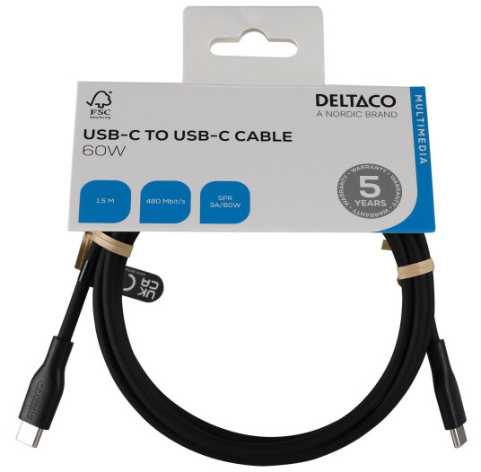DELTACO USB-C - C USB2.0 SPR Cable, silicone, 1,5m, Black