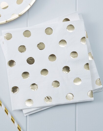 20 stk Servietter med Folierte Gullfargede Polka Dots 33x33 cm   Plukk og Miks