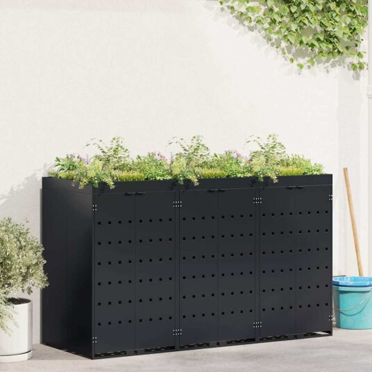 vidaXL Oppbevaring for 3 søppelbøtter Svart 204 x 77,5 x 121,5 cm