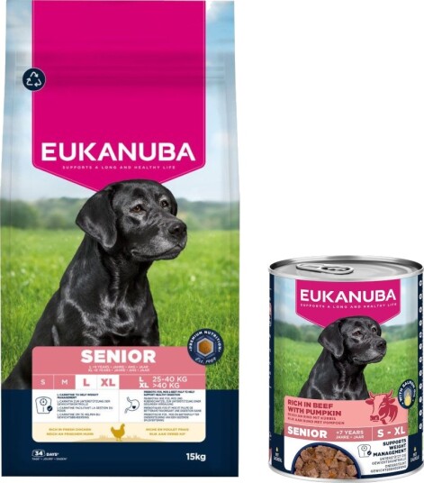 15 Kg Eukanuba Premium Nutrition + 3 X 400 G Matchende Våtfôr På Kjøpet! Senior Large & Giant Breed Kylling +Senior Rik På Storfekjøtt Med Gresskar