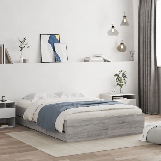 vidaXL Sengeramme med skuffer grå sonoma 120x190 cm konstruert tre 8721012245372