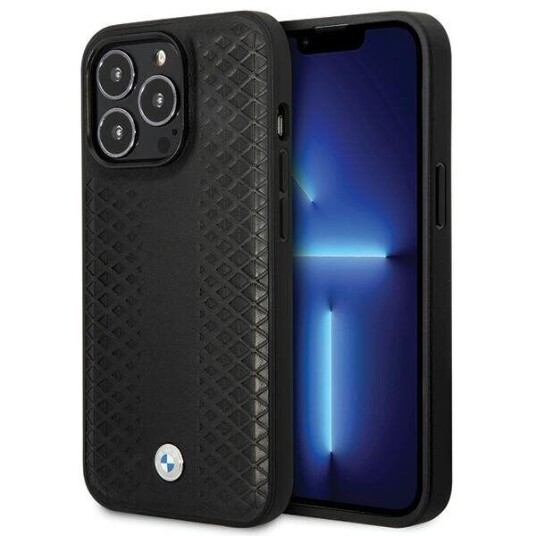BMW Mobildeksel i Skinn for iPhone 14 Pro med Diamantmønster - Svart