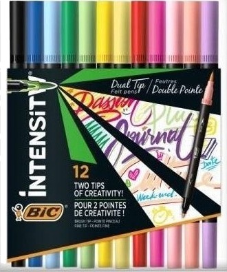 Bic Intensity Dual Brush Fasermaler, 12 Stykker, Sort, Blå, Grønn, Lyseblå, Lysegrønn, Lyserosa, Oransje, Rosa, Rød, Fiolett, Gult, Pensel Tupp, Flerfarget, Rund, Fint
