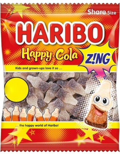 Haribo Happy Cola Z!NG Fizzy Vingummi Colaflasker 140 gram