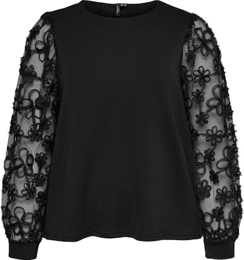 Vero Moda Curve Langermet Topp med Blomsterbroderi i Mesh - Svart
