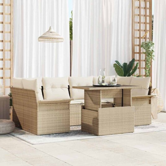 7-delt hagemøbelsett med beige puter i poly rattan