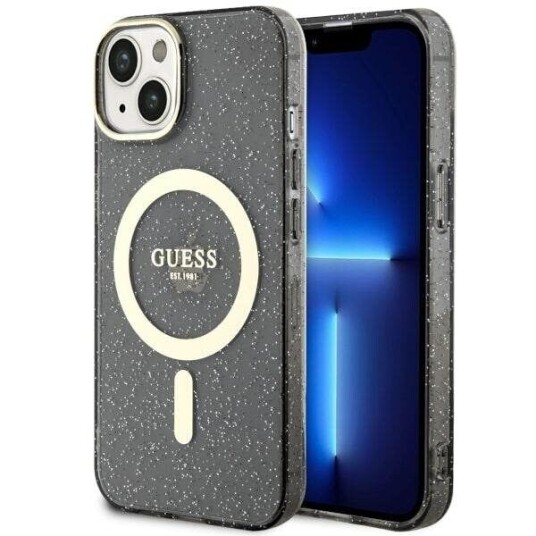Guess Hardcase til iPhone 14 Plus / 15 Plus 6.7" Svart med Glitter Gold og MagSafe
