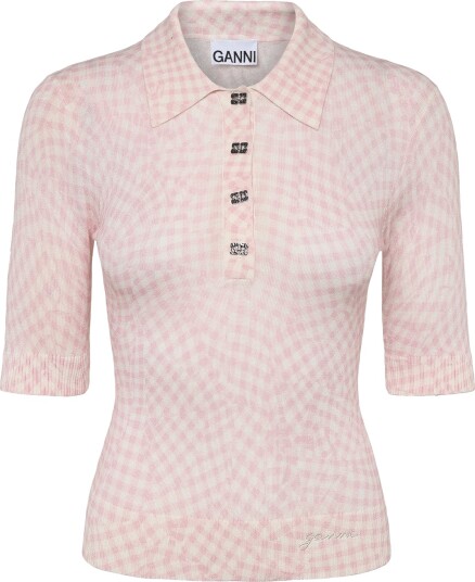 Ganni Sheer Cotton Printed Polo Pink S