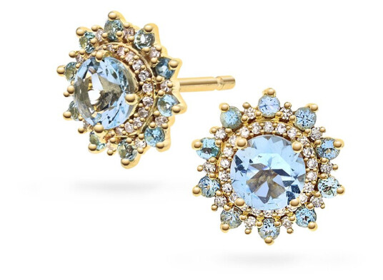 Pan Jewelry Øredobber i 585 gult gull med diamanter 0,08 ct og akvamarin stener