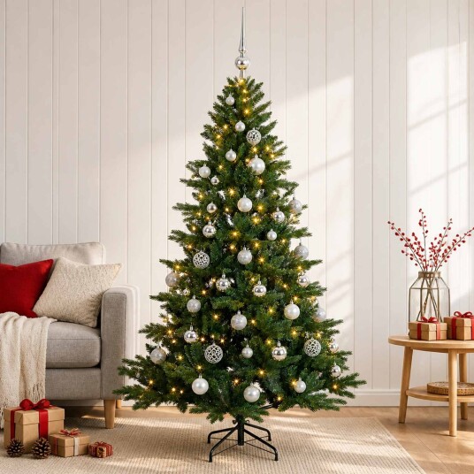 vidaXL Kunstig juletre med julekuler 150 cm 150 LED-lys Varmhvit