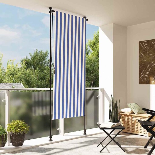 Utendørs rullegardin blå og hvit 100x270 cm stoff og stål 368764