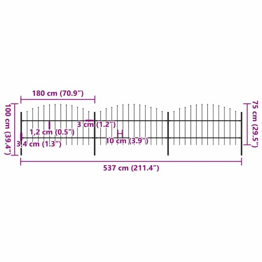 vidaXL Hagegjerde med spydtopp stål 0,75 1x5,1 m svart