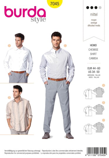 Burda 7045 - Herreskjorte EUR: 44-60, US: 34-50 Burda 7045 - Herreskjorte EUR: 44-60, US: 34-50