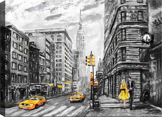 Lerretsbilde 70x100 cm Romantisk scene av et par som går på en travel gate i New York omgitt av klassiske bygninger og gule drosjer Gul / Svart / Grå