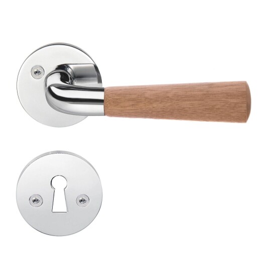 Beslagsboden Design B875 Innerdørvrider med Nøkkelskilt og Skruer i Krom/Eik