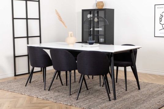 Venture Design Jimmy & Velvet spisegruppe Svart/hvit 6 stoler & bord 195 x 90 cm