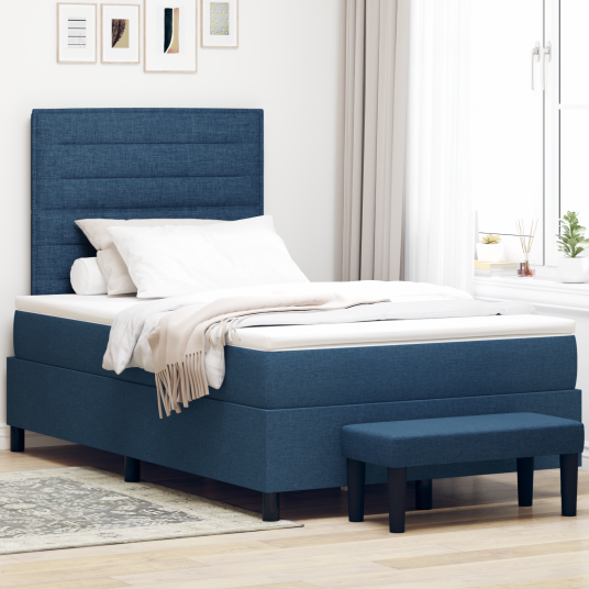 Box Spring seng med madrass & benk blå 120x190 cm stoff