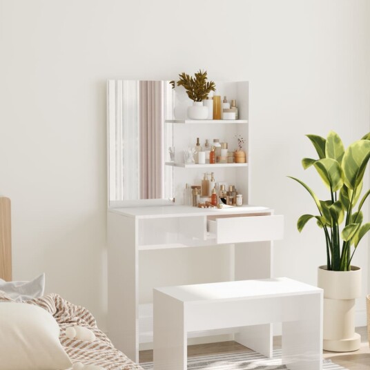 vidaXL Sminkebord med speil høyglans hvit MDF 74,5x40x141 cm