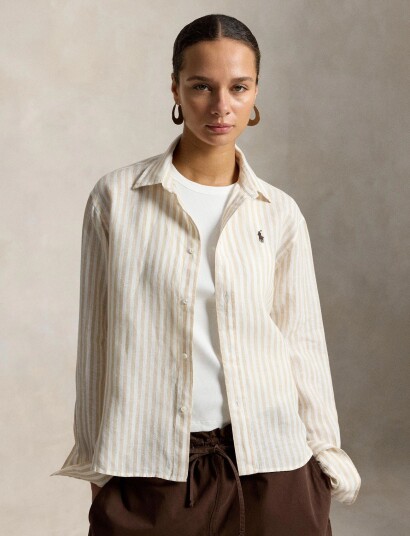Polo Ralph Lauren Wide Cropped Gingham Linen Shirt Beige XS