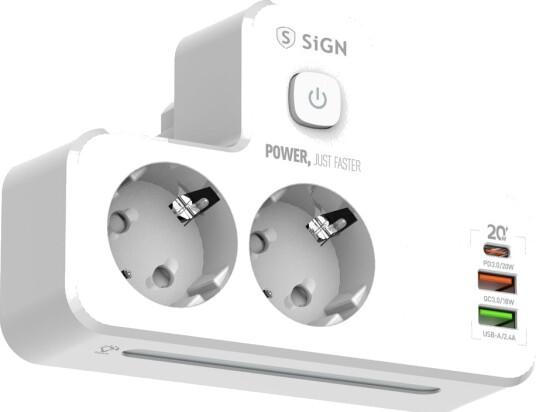 SiGN 20W Grenuttak med LED-nattlys, 2-veis/2 xUSB-A/1x USB-C - Hvit