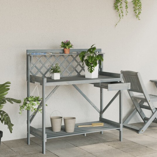 Pottebenk med espalier grå heltre gran Pottebenk med espalier grå heltre gran