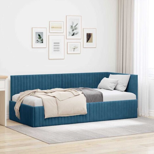  Hjørnesengramme med hodegjerde Blå 90 cm x 190 cm Fløyel