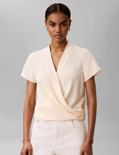 Calvin Klein Crepe Ss Draped Wrap Top Cream S