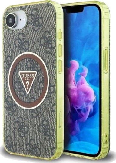 GUESS IML Metal Glitter 4G Circle Triangle MagSafe case for iPhone 16e - brown