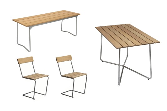 Grythyttan Stålmöbler B25 spisegruppe Oljert eik/galvanisert stål 2 stoler, benk 110 cm & bord120x70 cm