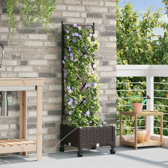 vidaXL Hageplantekasse med vanning og hjul Brun 40 x 40 x 132 cm PP
