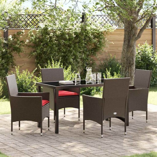 vidaXL Bord og stolsett med pute 5 pcs Brun PE Rattan