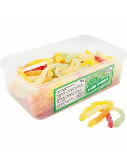 120 stk Sweetshop Sour Worms Boks med Sure Vingummi Marker 960 gram 120 stk Sweetshop Sour Worms Boks med Sure Vingummi Marker 960 gram