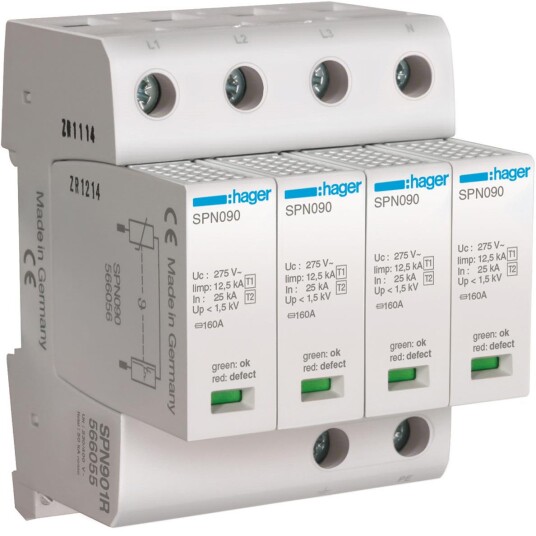Hager SPN901R Overspenningsvern grovbeskyttelse maks 1,5 kV 4 modulavstand 4 polet Stikkontakter & kabler