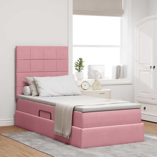 Seng med lagring og madrass med madrass Rosa 90 x 200 cm Fløyel Seng med lagring og madrass med madrass Rosa 90 x 200 cm Fløyel